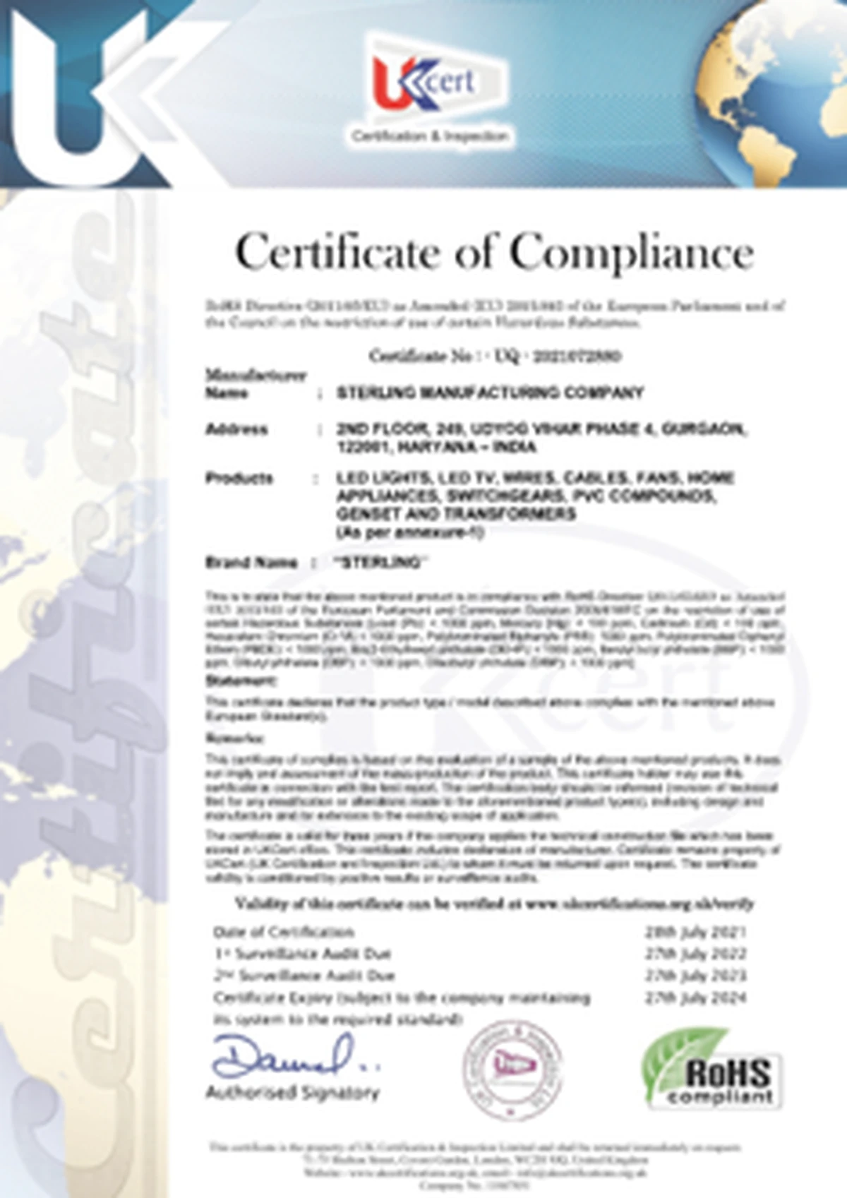 RoHS Certificate